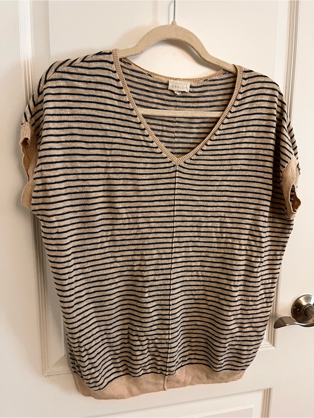 Caslon Beige & Black Striped V-Neck Short Sleeve Knit Top